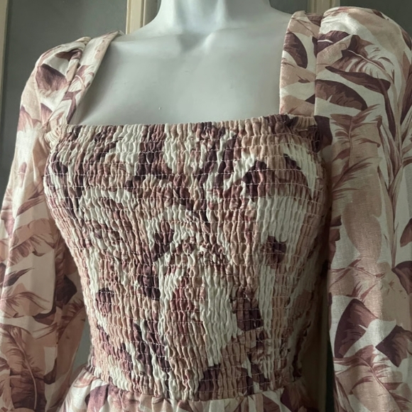 House of Harlow 1960 Linen Blend Smocked Tropical Midi Dress - Picture 2 of 12